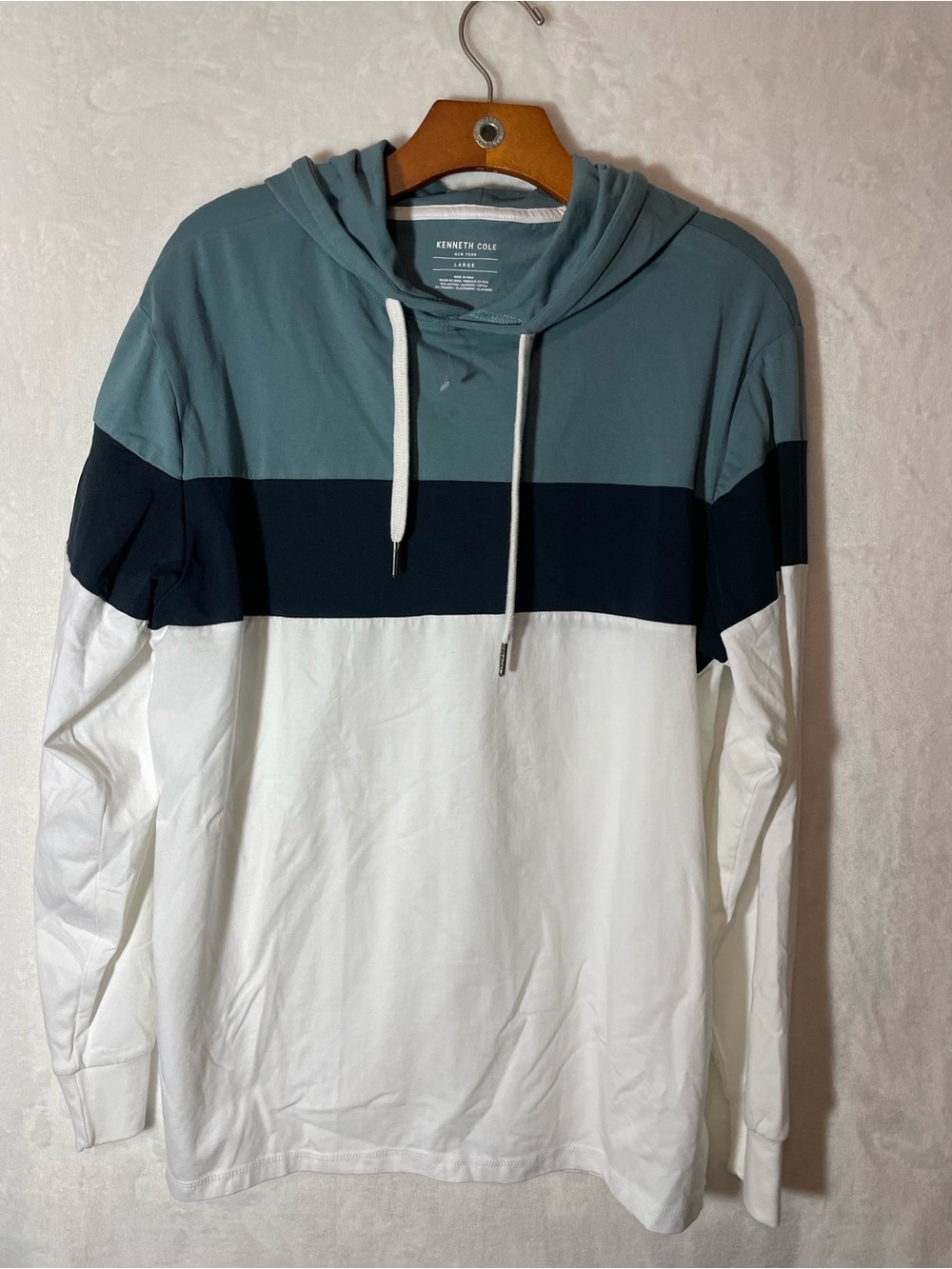 Kenneth Cole Colorblock Hooded Long Sleeve Shirt - Teal/Black/White